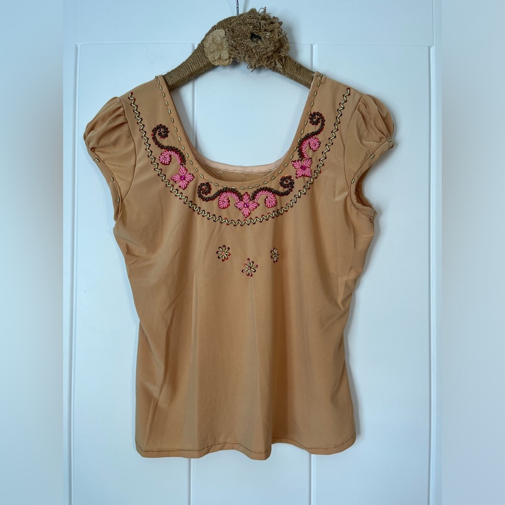 Handmade Vintage Beaded Cap Sleeve Yellow Top